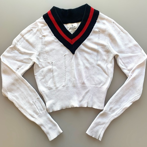 NWOT Cheap Monday Cropped V-Neck Distressed Sweater | Small - Picture 3 of 6